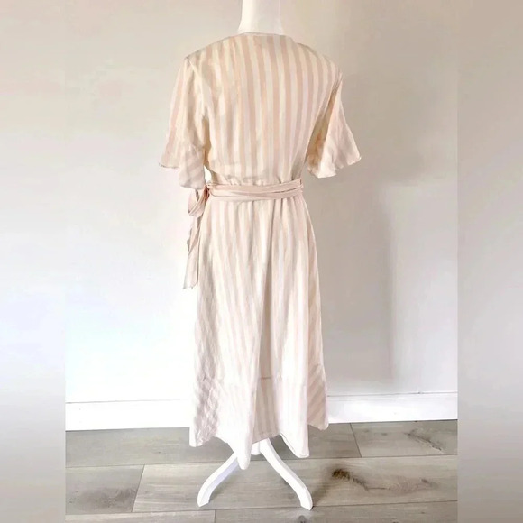 Rachel Parcell Linen Blend Wrap Dress Pink and White‎ Striped Ruffle Midi Small - Picture 8 of 13